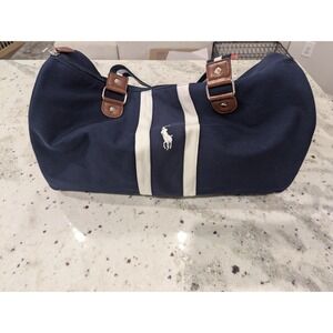 Polo Ralph Lauren Navy Canvas/Leather Sm Duffle Bag Weekender Travel Big Pony
